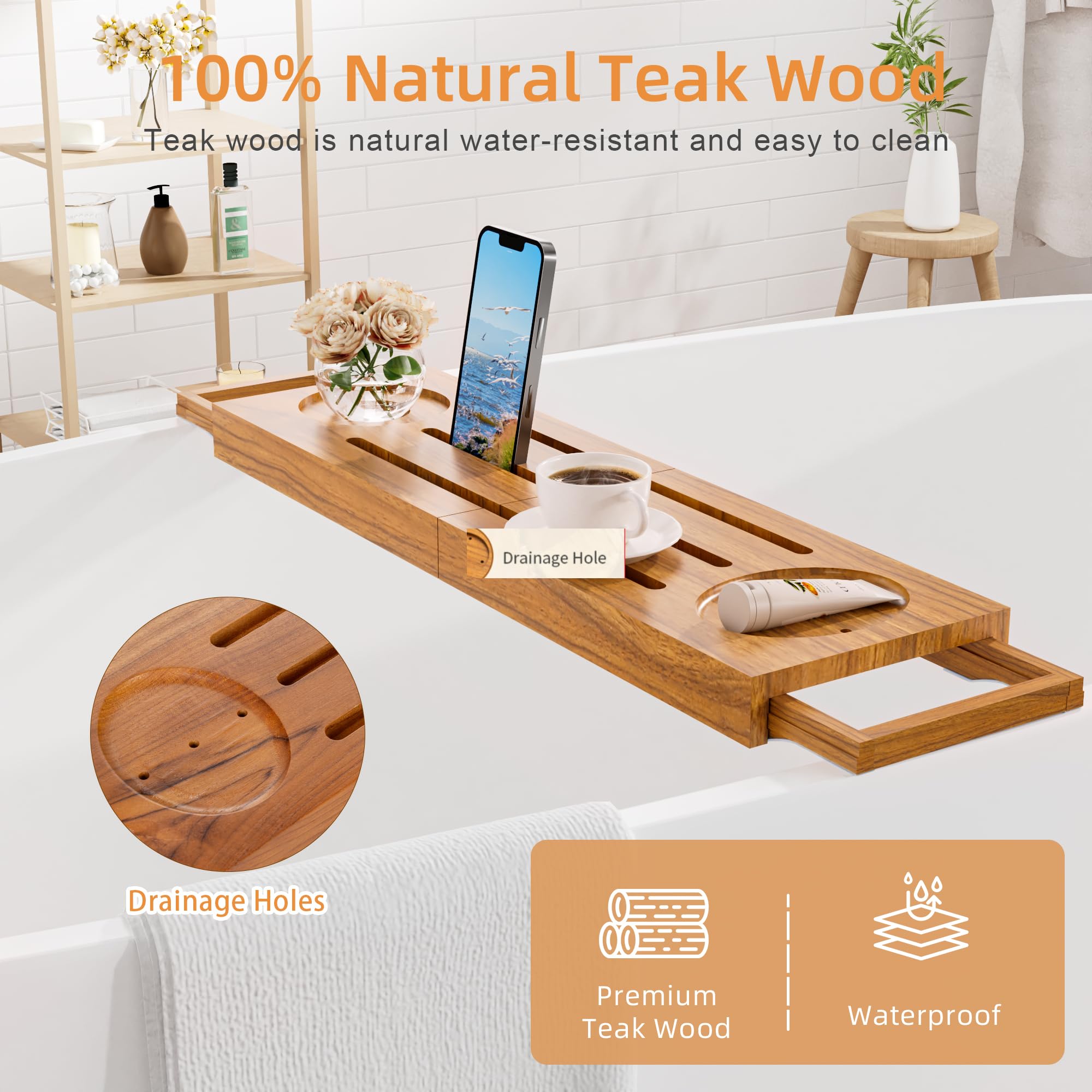 Foldable Teak Bathtub Tray with Expandable Handles - Luxury Small Bathtub Caddy with Wine Glass & Phone Holder for Spa Relaxation & Bath Tub Accessories