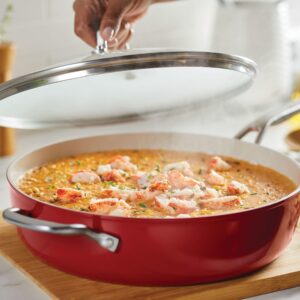 KitchenAid Hard Anodized Ceramic 5-Quart Nonstick Sauté Pan with Shatter-Resistant Lid & Riveted Handle – Durable, Even Heating, Easy Clean, Oven Safe to 500°F, Empire Red