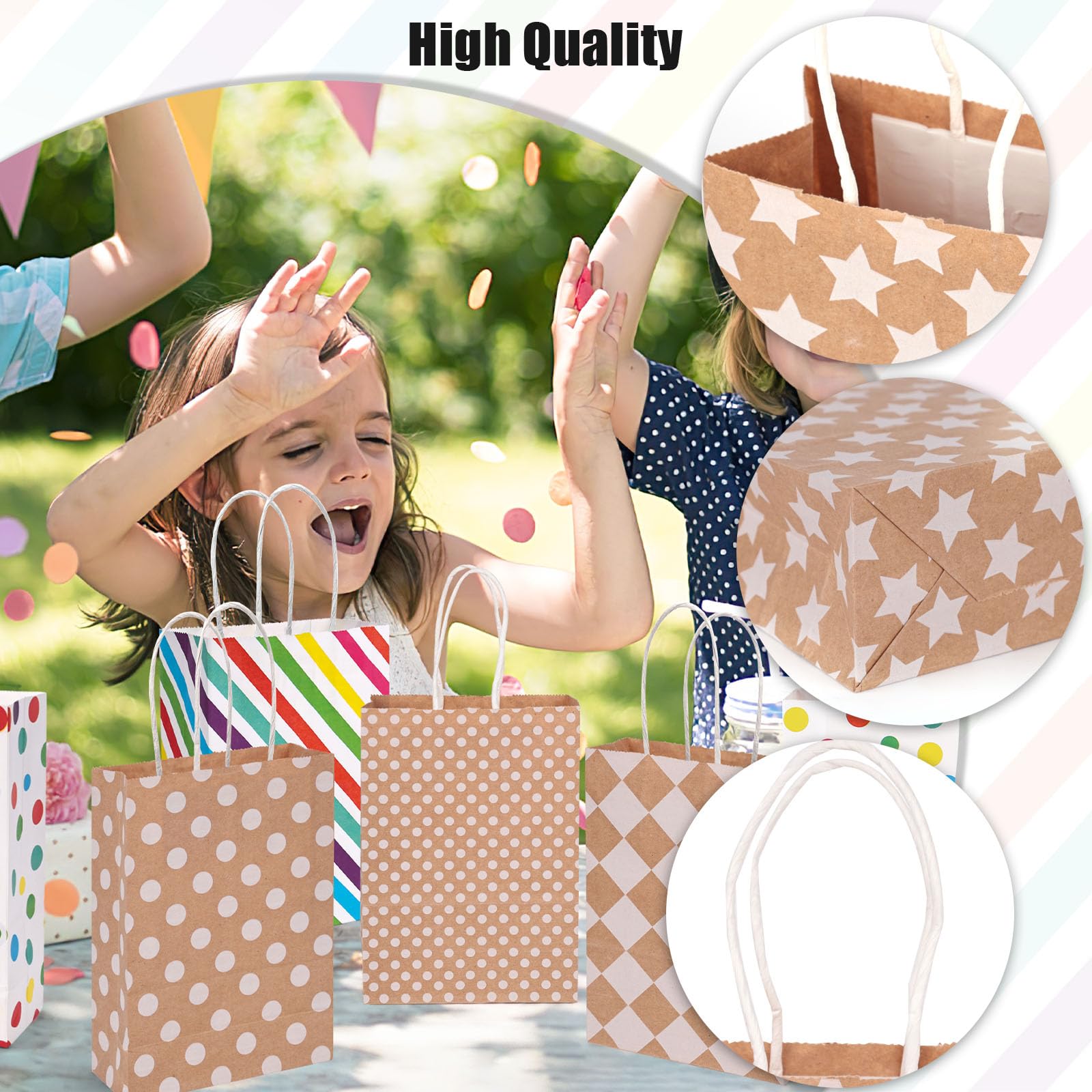 TOXOY 24PCS Paper Bags with Handles, 5.5"x2.8"x8" Gift Bags Bulk Polka Dot Striped Gift Bags Party Favor Bags Goodie Bags for Birthday Wedding Party Supplies