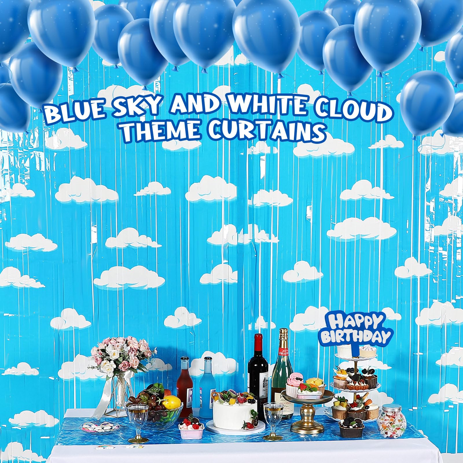 XunYee 3 Pack Blue Sky White Clouds Birthday Party Supplies, Clouds Theme Tinsel Foil Fringe Curtains Toy Party Supplies, Cartoon Story Backdrop for Baby Shower Birthday Party Decorations