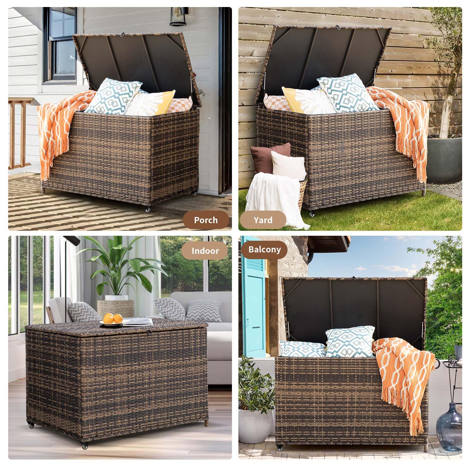 MEISSALIVVE 178 Gallon Outdoor Storage Box, Patio Deck Box with 2 Wheels, Handle Large Portable Wicker Rattan Deck Box for Patio Furniture Cushions, Throw Pillows, Garden Tools and Pool Floats (Brown)