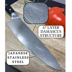 Cutlery Mania Japanese 8 inch Damascus Kitchen Knife | VG-10 Steel Gyuto Chef Knife, 67-layer High Carbon Stainless Steel with G10 and Wood Handle