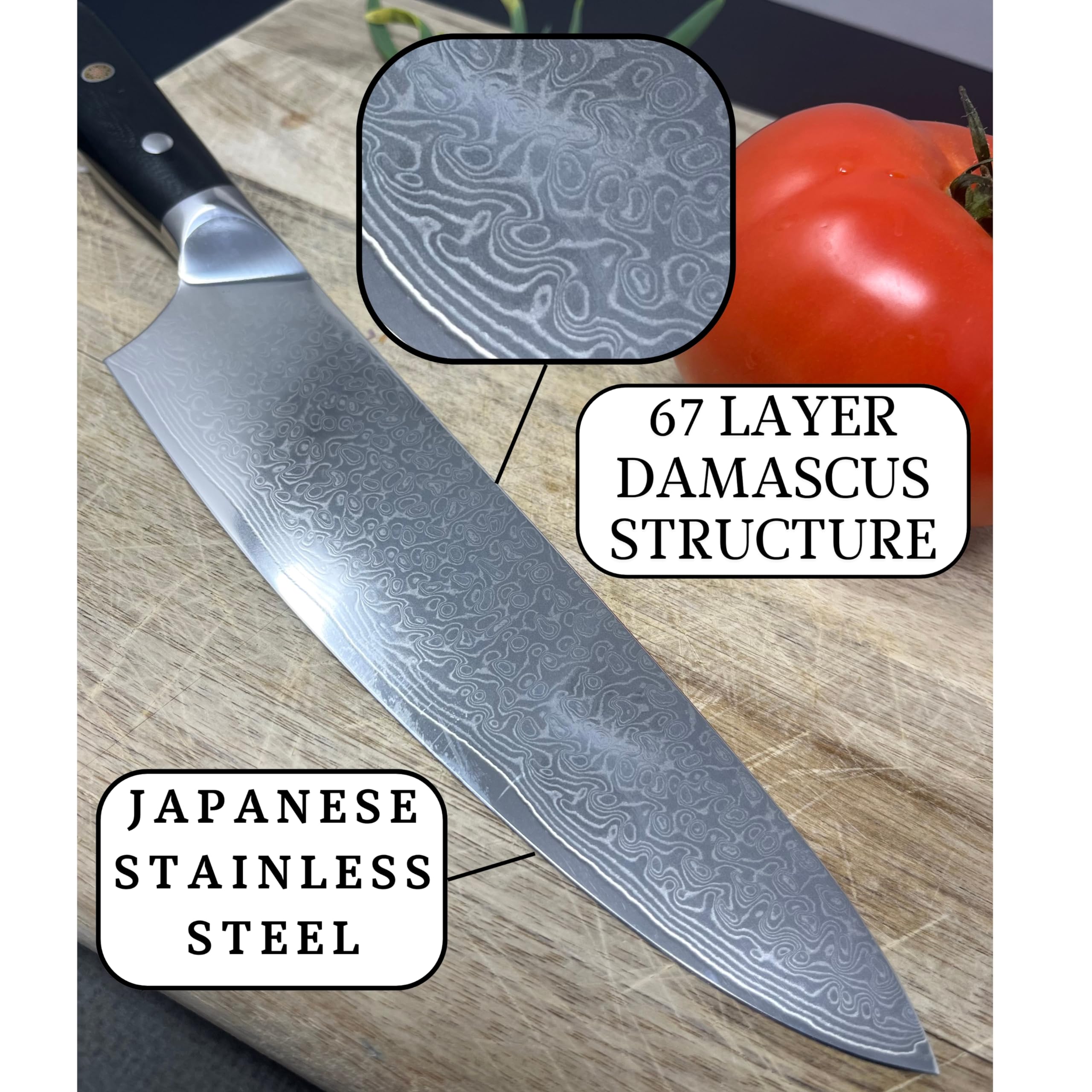 Cutlery Mania Japanese 8 inch Damascus Kitchen Knife | VG-10 Steel Gyuto Chef Knife, 67-layer High Carbon Stainless Steel with G10 and Wood Handle