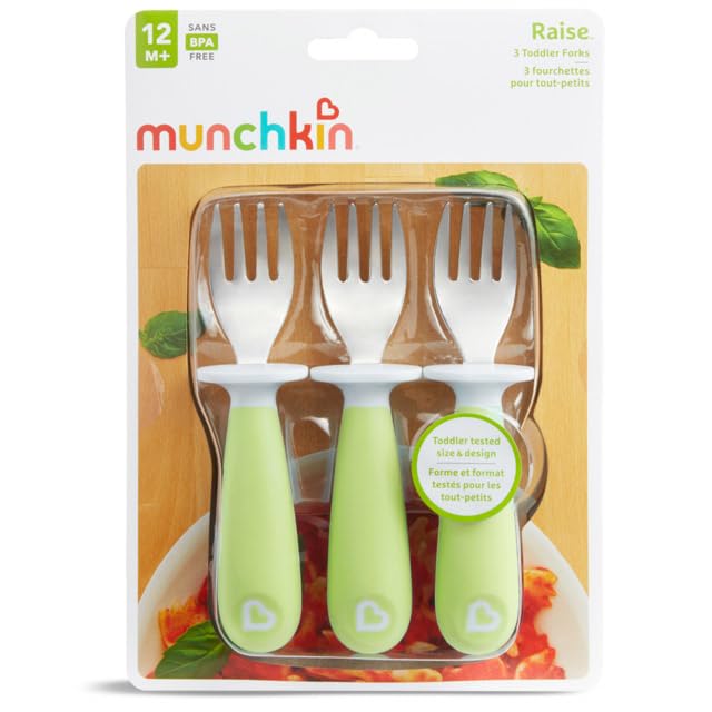 Munchkin® Raise™ Toddler Fork Set, 3 Pack, Stainless Steel, Plastic, Adorable Pink Toddler Utensils Forks: Munchkin’s 3-Piece Set for Happy Mealtimes! (Green)