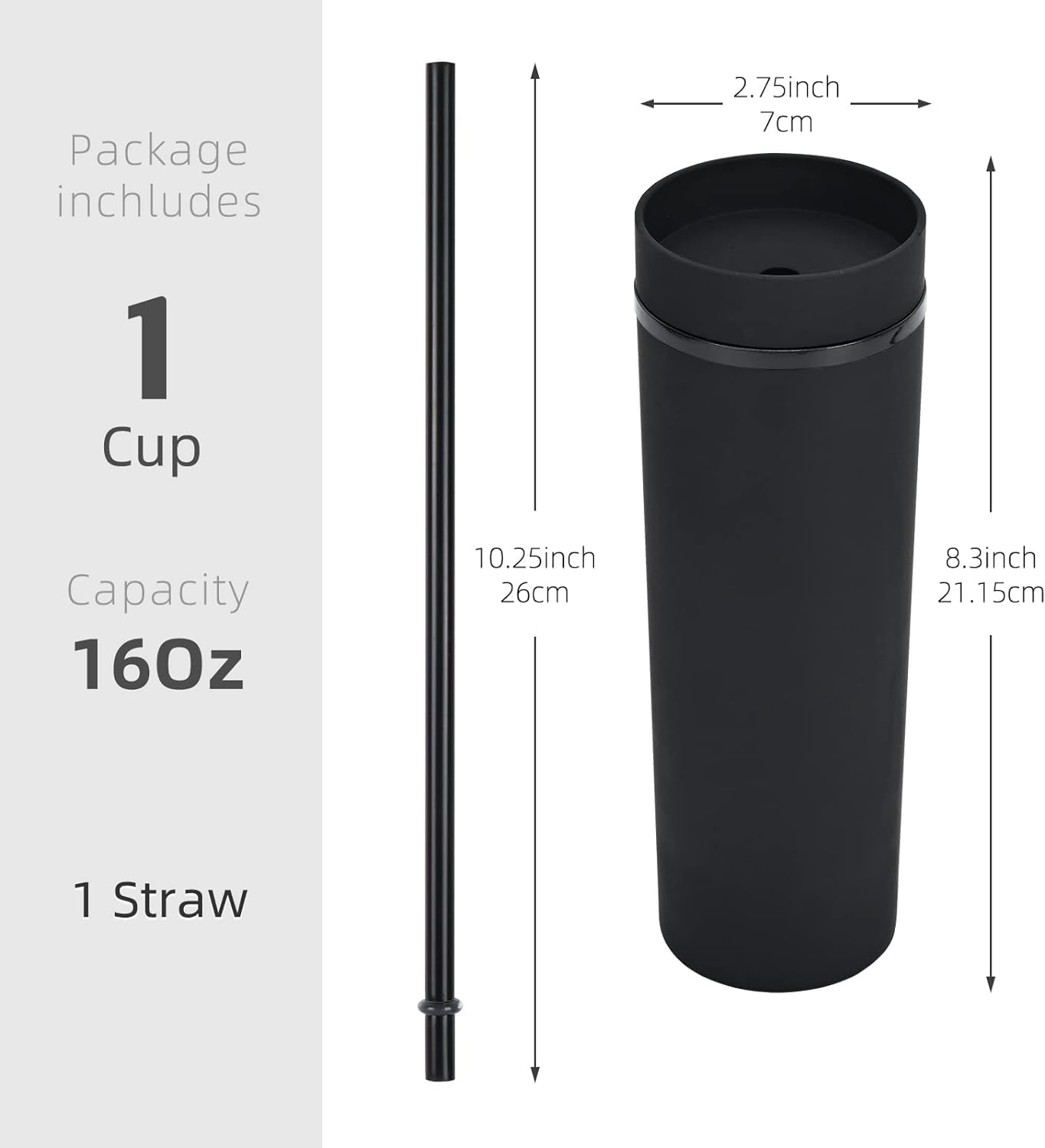 Futtumy Skinny Tumblers with Lids and Straws, 16Oz Matte Black Tumbler, Reusable Pastel Acrylic Tumblers, Double Wall Tumblers, Plastic Coffee Tumbler for Cold Hot Drinks, DIY Cups (Black, 1Pcs)