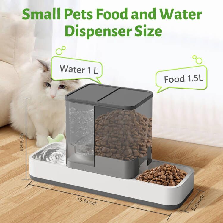 Yummy Sam Automatic Small Pet Feeder and Water Dispenser, 2 in 1 Gravity Cat Auto Pet Feeder and Waterer Set Feeder Dish for Small Medium Pets Dog Puppy Kitten (Grey)