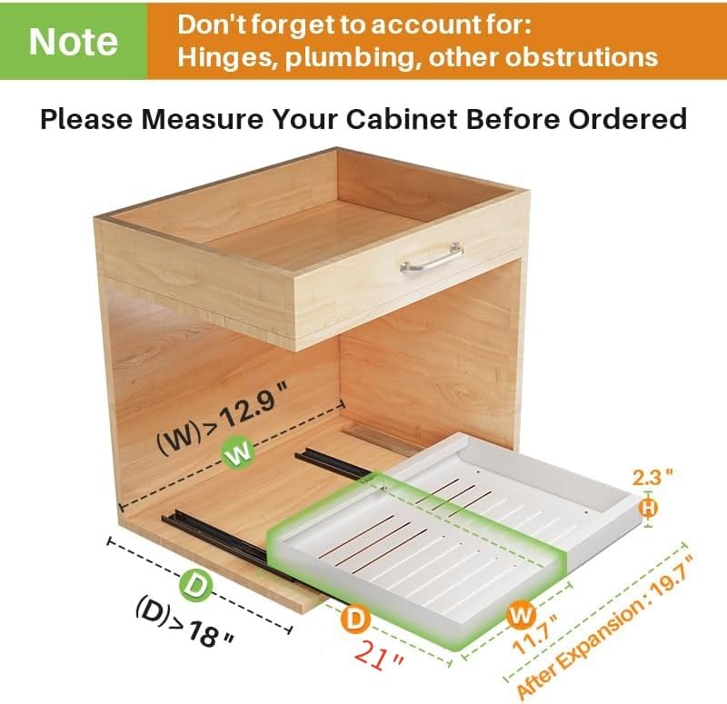 Pull out Cabinet Organizer, Expandable(11.7"-19.7") Heavy Duty Slide out Drawers Fixed with Adhesive Nano Film for Pots, Roll out Shelf Storage for Kitchen Base Cabinet Organization(White)