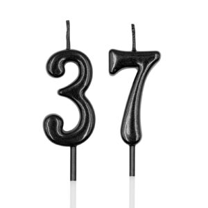 37th & 73rd birthday candles, black number 37 73 candle for cake, happy birthday cake topper decoration for birthday anniversary celebration party supplies