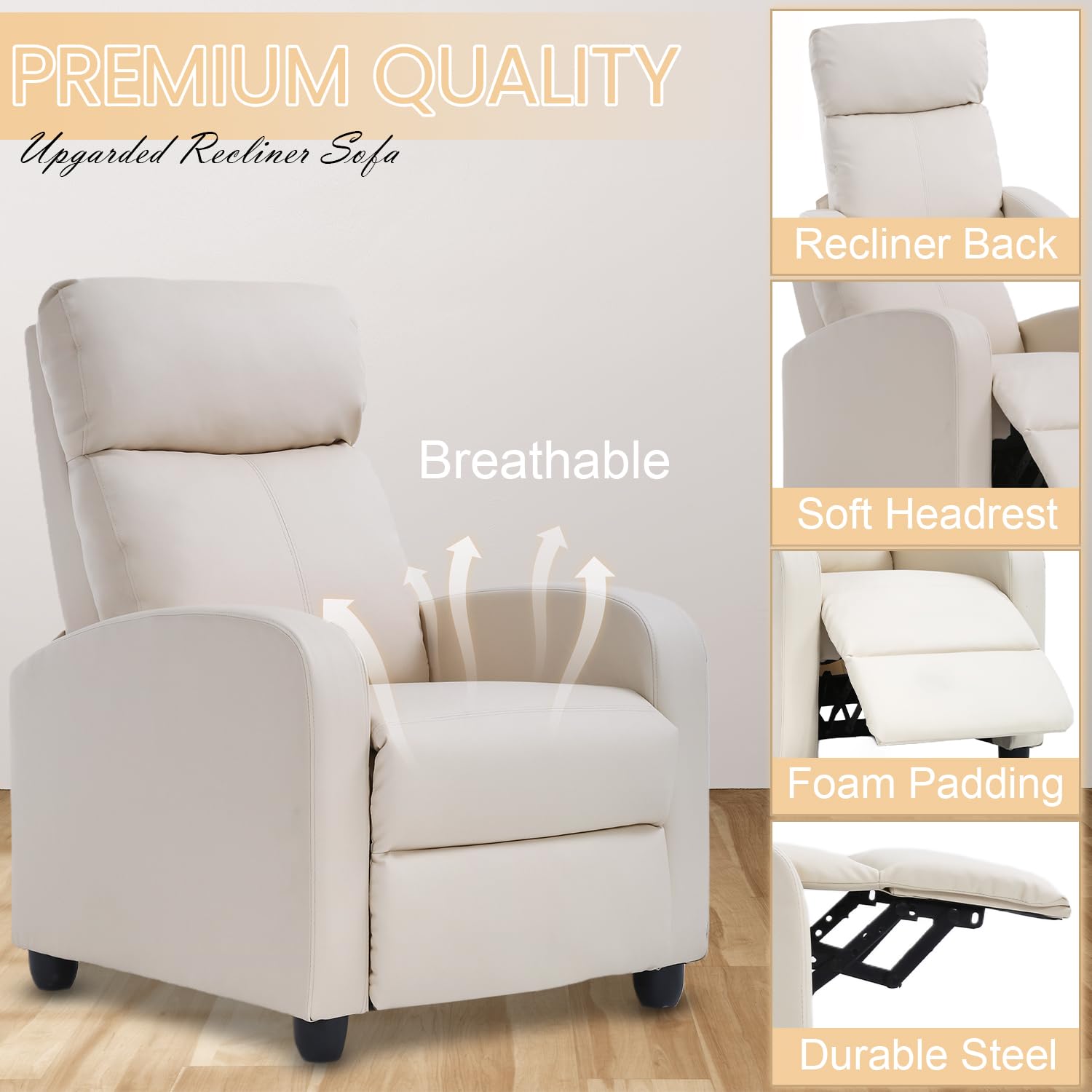 Dopinmin Recliner Chair Breathable Padded PU Leather Massage Single Sofa Recliners for Small Recliner Chair with Footrest Home Theater Seating for Bedroom Living Room,Beige