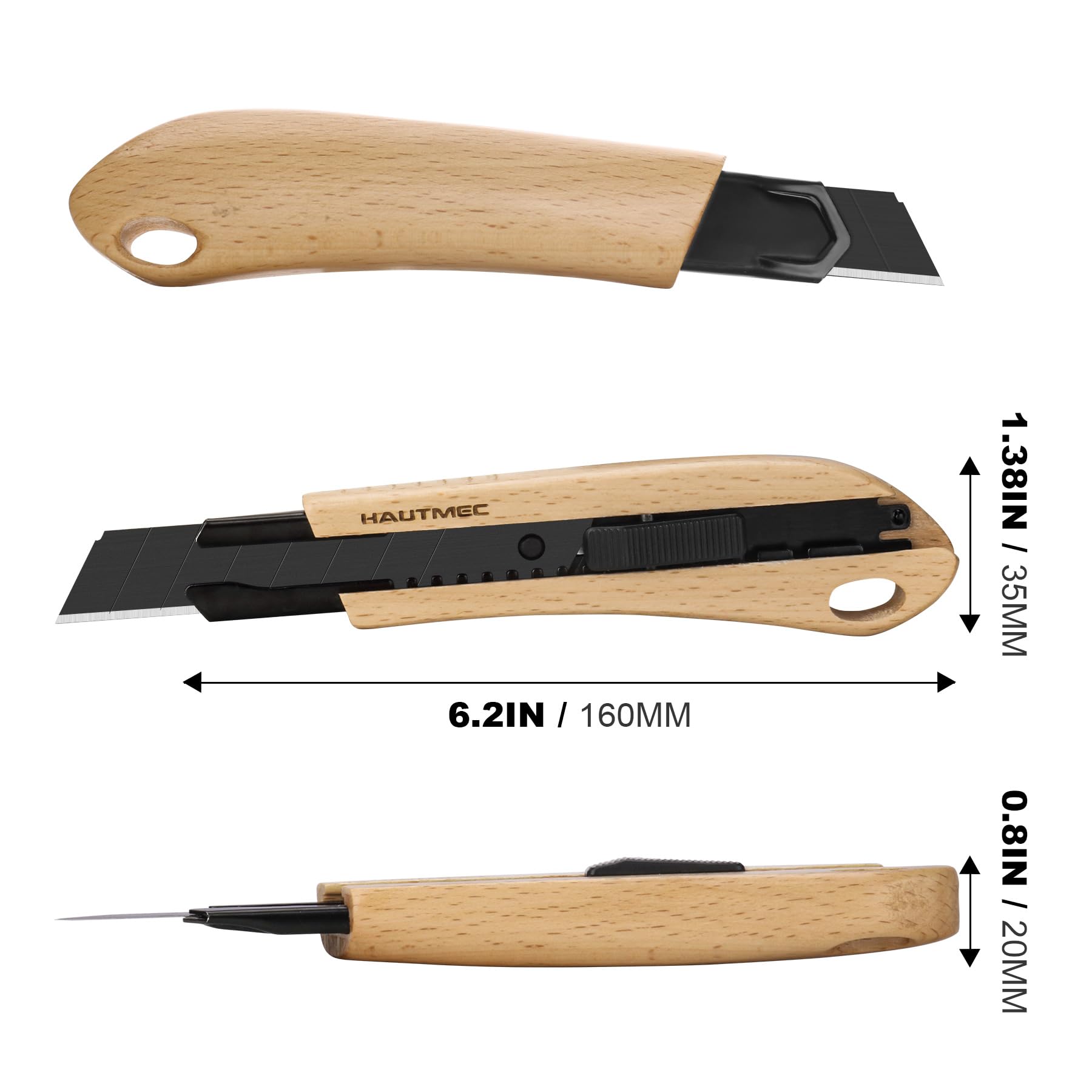 HAUTMEC 18mm Wooden Handle Retractable Utility Knife Autolock and Snap off with SK2H Ultra Sharp Black Blade Suitable Gifts for Husband Dad HT0352