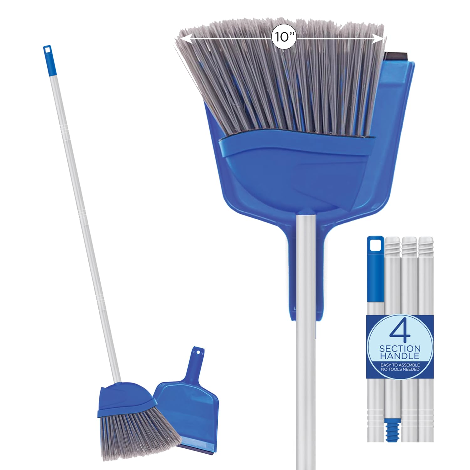 Angle Broom w/Dustpan, Indoor, 9.25" W Head, Smaller Style- Made w/Recycled Soda Bottle Bristles & Polished Aluminum Lightweight 48" L Handle, Includes Swivel Hang Cap for Storage, by LOLA- 1 Pack