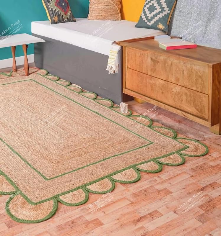 Jaipur Weaver Group Natural Jute Scalloped Area Rug Scallop Braided Boho Rugs Handwoven Bohemian Rug for Farmhouse & Home Decor (Green-4'x6'), BD2-GRN-4'x6'