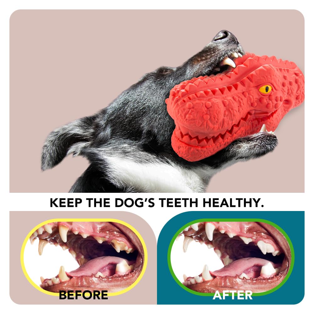 TSPRO Dinosaur Dog Chew Toys Interactive Dog Toy for Pets Increases IQ, Natural Rubber Dog Toys Squeaky for Teeth Cleaning and Training, for Aggressive Chewers （Dinosaur Red）