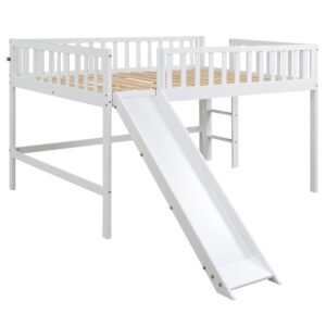 ACQCA Full Size Low Loft Bed with Slide and Ladder,Wooden Bed Frame with Guardrails for Girls,Boys,No Box Spring Required,White