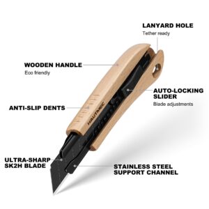 HAUTMEC 18mm Wooden Handle Retractable Utility Knife Autolock and Snap off with SK2H Ultra Sharp Black Blade Suitable Gifts for Husband Dad HT0352