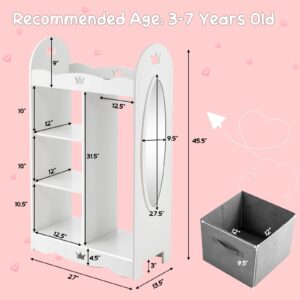 Costzon Kids Dress up Storage Wardrobe, Toddler Armoire Dresser Wardrobe W/Mirror & Cloth Hanger, Cute Crown Patterns, Pretend Costume Closet Toy Organizer, Perfect for Kids Bedroom, Playroom (White)