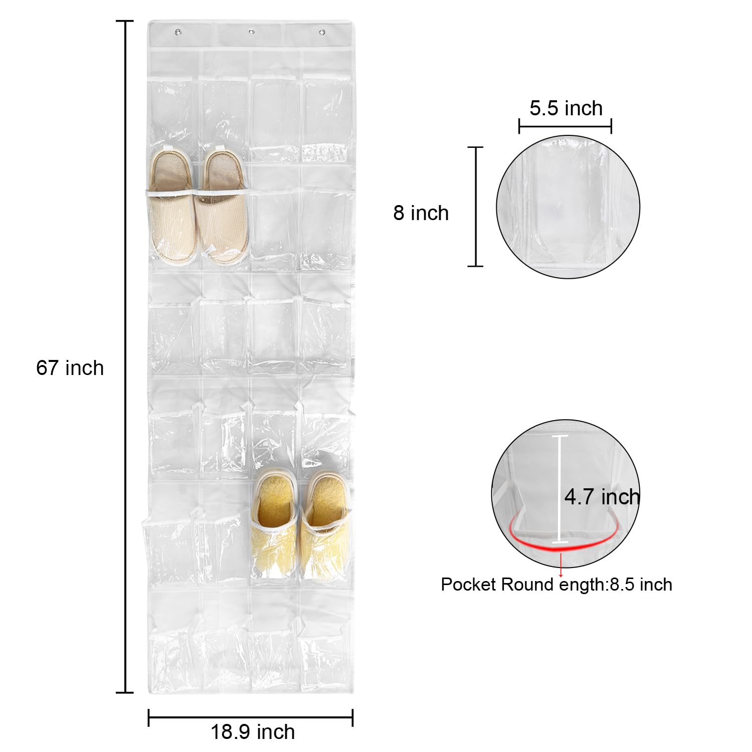 TidyMaster 1 Pack 24 Clear Crystal Pockets Large Hanging Shoe Organizer Over The Door Shoe Rack for Closet Door Storage Shoe Holder Hanger, 3 Hooks, White (64'' x 18.5'')