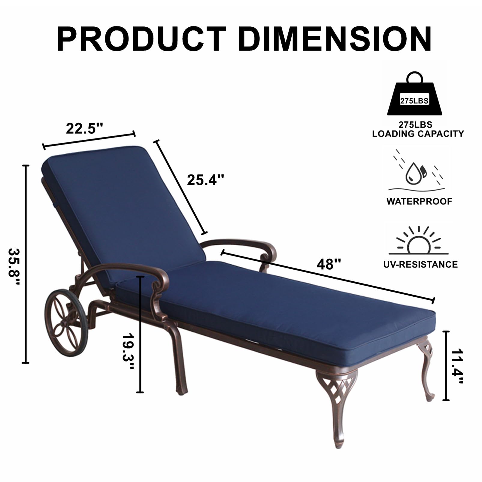 Laxllent Patio Chaise Lounge Chairs Outdoor Recliner Chairs with Adjustable Backrest Cast Aluminum for Backyard, Poolside, Balcony, Garden with Seat Cushion(Navy,1Unit)