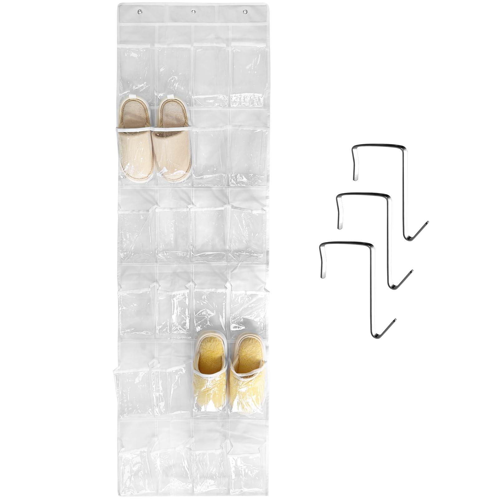 TidyMaster 1 Pack 24 Clear Crystal Pockets Large Hanging Shoe Organizer Over The Door Shoe Rack for Closet Door Storage Shoe Holder Hanger, 3 Hooks, White (64'' x 18.5'')