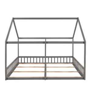 ACQCA Twin Size House Bed with Guardrail,Two Shared Wooden Floor Beds Frame with Roof for Kids Boys Girls,No Box Spring Needed,Gray