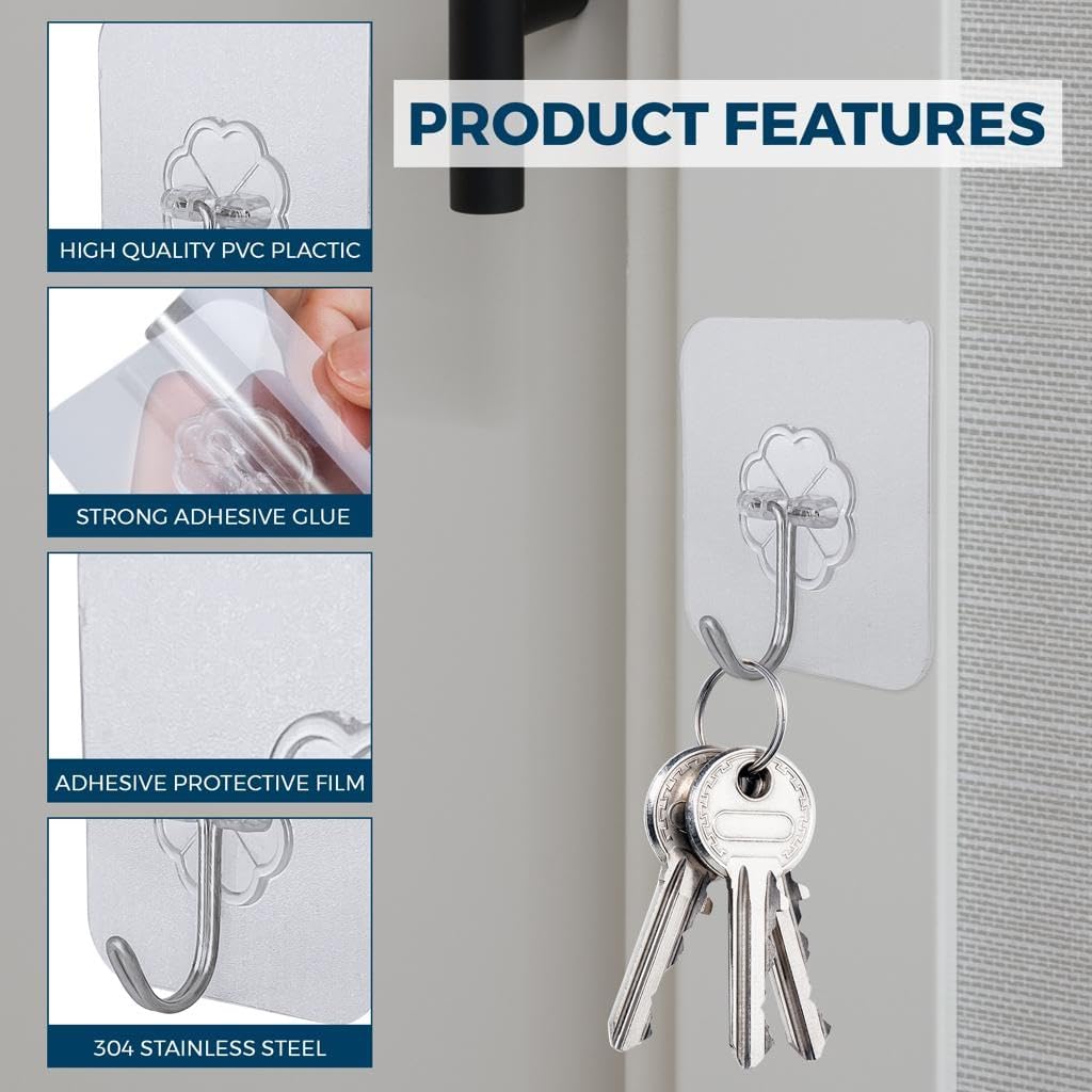 AMAZOPEN Self Adhesive Hooks - 24 Packs of Transparent Wall Door Hooks Stick On/Extra Strong Sticky Hooks for Hanging Coat, Cloth, Towel, Key and More