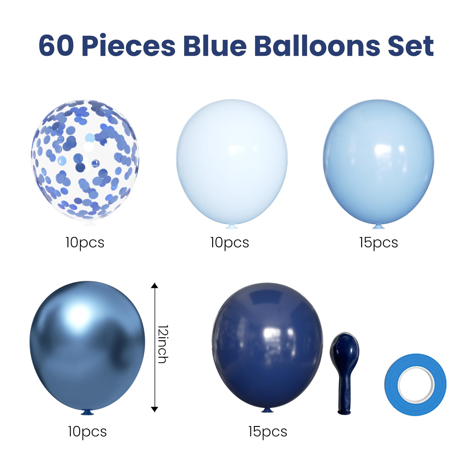 Blue Balloons Set, 60 Pack 12 Inches Metallic Chrome Blue Balloons Navy Blue Latex Balloons Light Blue Confetti Balloons for Boys Man Birthday, Baby Shower, Wedding Party Decorations