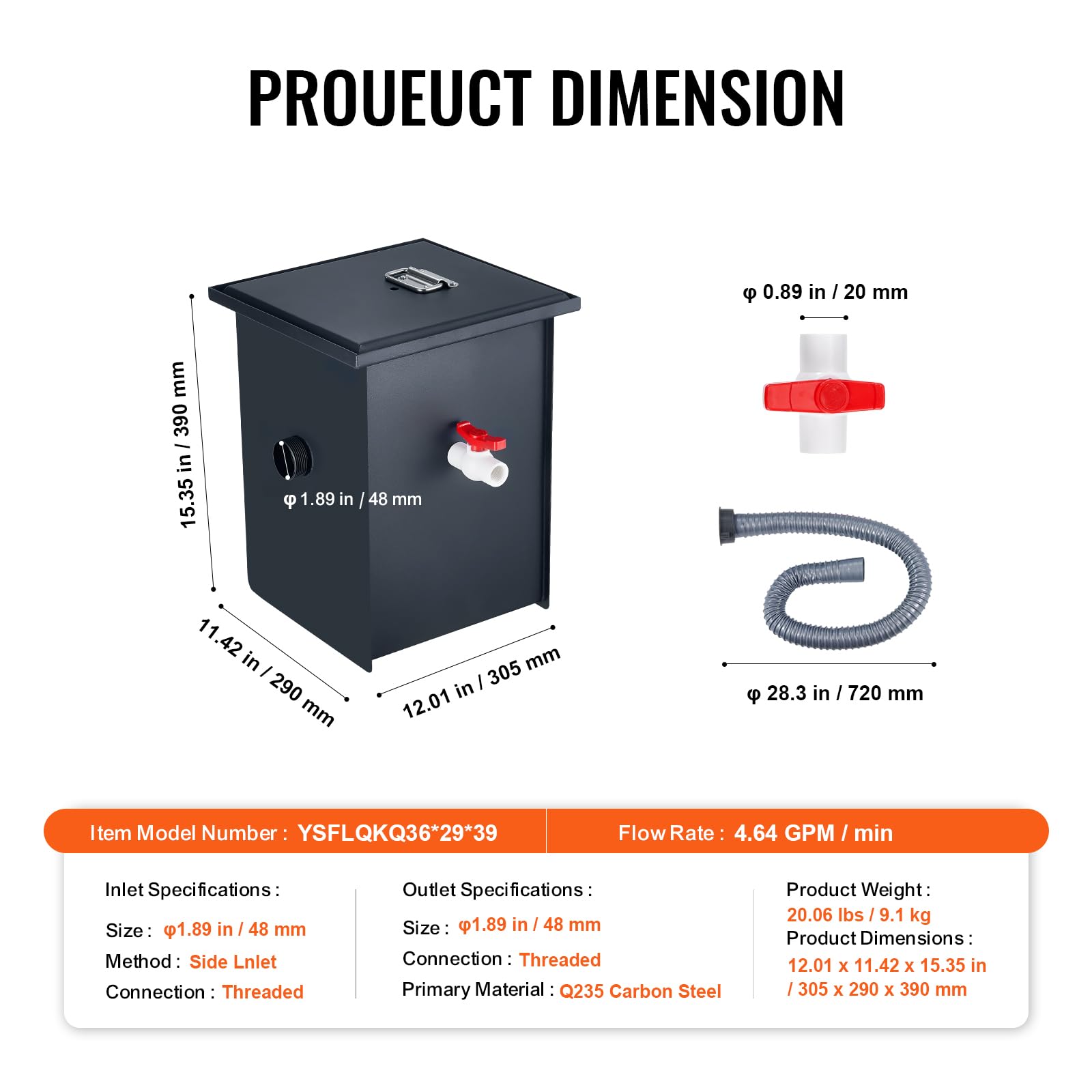 VEVOR Commercial Grease Trap, 8 LBS Grease Interceptor, Side Inlet Interceptor, Under Sink Carbon Steel Grease Trap, 4.6 GPM Waste Water Oil-water Separator, for Restaurant Canteen Home Kitchen