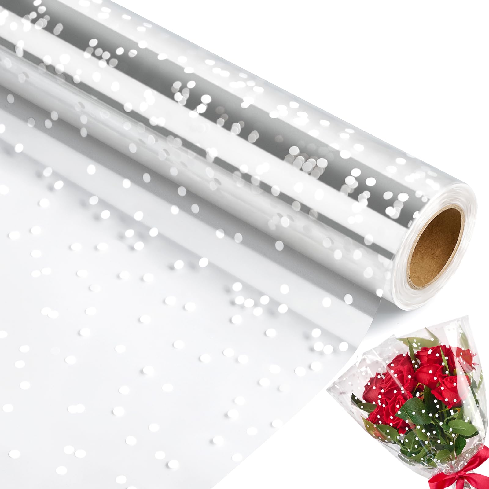 Jutieuo Clear Cellophane Wrap Roll | 100’Ft. Long X 34”In. Extra Wide | 2.5 Mil Thick Crystal Clear with Irregular White Dot | Bouquet, Baskets, Gifts, Crafts, Treats, Wrapping | Food Grade