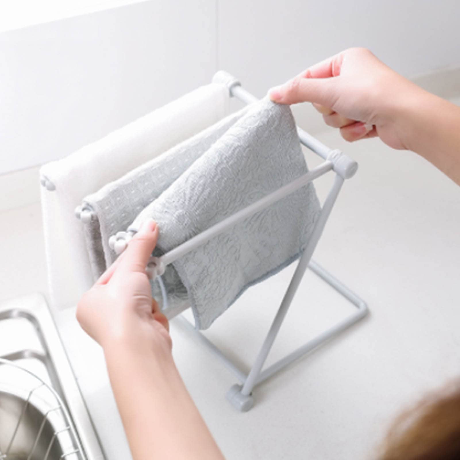 MINGZHE Washcloth Holder Dish Rag Cloth Holder Countertop Dishcloth Drying Rack 4 Arms Folding Vertical Hand Towel Stand Dish Rag Storage Holder for Kitchen(Light Gray)