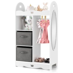 costzon kids dress up storage wardrobe, toddler armoire dresser wardrobe w/mirror & cloth hanger, cute crown patterns, pretend costume closet toy organizer, perfect for kids bedroom, playroom (white)