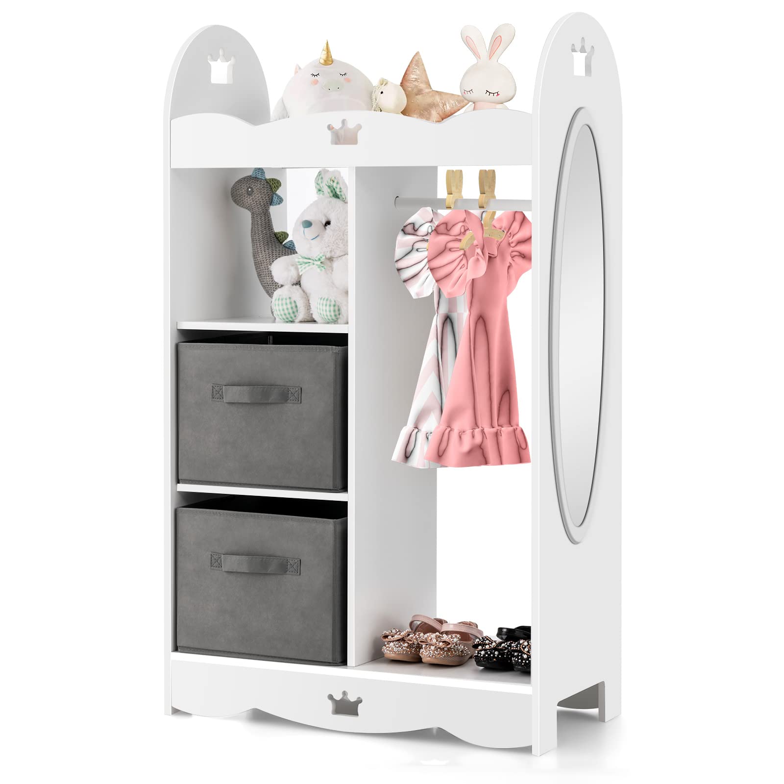 Costzon Kids Dress up Storage Wardrobe, Toddler Armoire Dresser Wardrobe W/Mirror & Cloth Hanger, Cute Crown Patterns, Pretend Costume Closet Toy Organizer, Perfect for Kids Bedroom, Playroom (White)