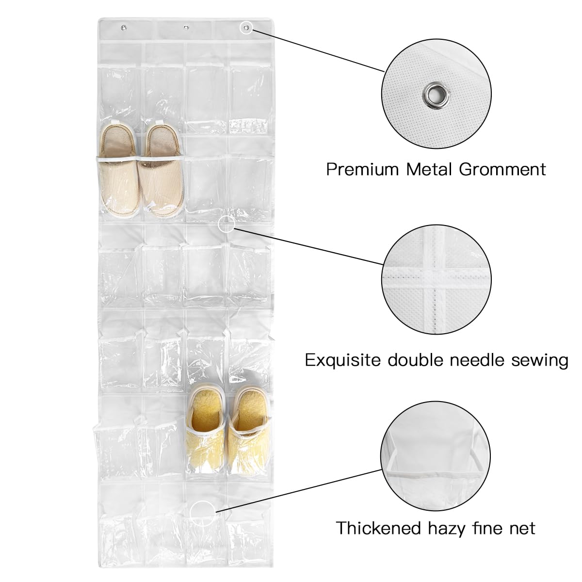 TidyMaster 1 Pack 24 Clear Crystal Pockets Large Hanging Shoe Organizer Over The Door Shoe Rack for Closet Door Storage Shoe Holder Hanger, 3 Hooks, White (64'' x 18.5'')