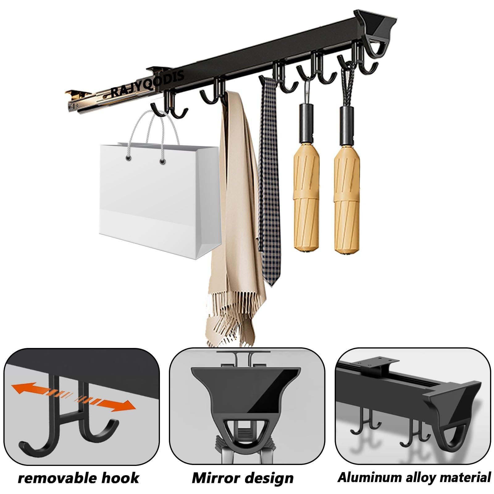 RAJYQODIS Broom And Mop Organizer/storage, Multifunctional Pull Out Broom Holder With Double Row Sliding Hook, Expandable Broom Hanger Suitable For Various Scenarios (Size : 51cm/20.0inch)