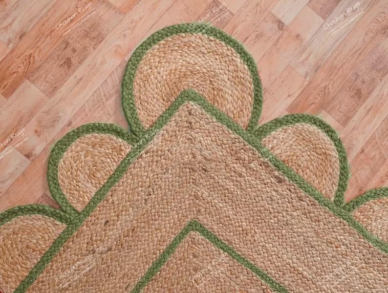 Jaipur Weaver Group Natural Jute Scalloped Area Rug Scallop Braided Boho Rugs Handwoven Bohemian Rug for Farmhouse & Home Decor (Green-4'x6'), BD2-GRN-4'x6'