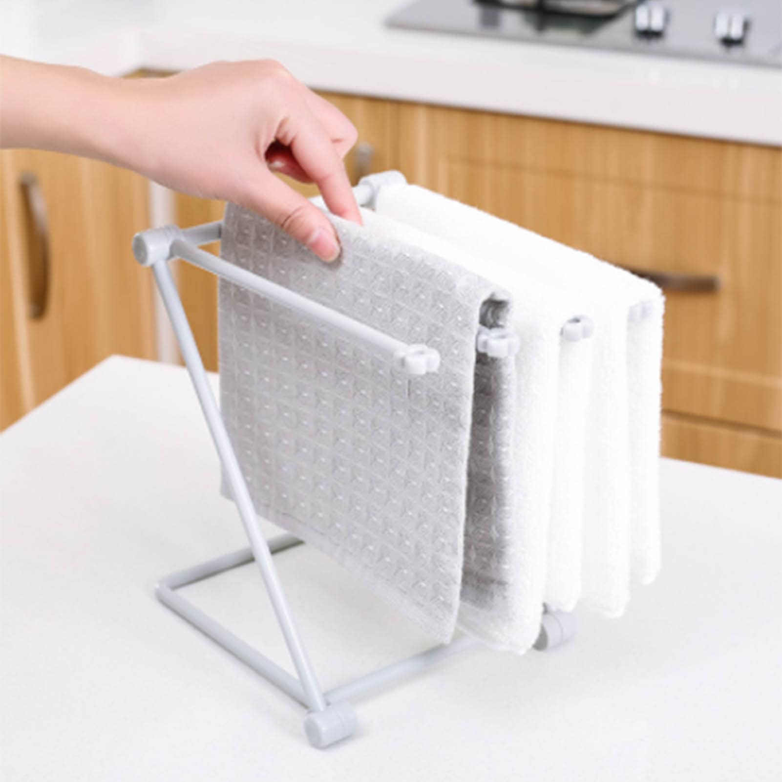 MINGZHE Washcloth Holder Dish Rag Cloth Holder Countertop Dishcloth Drying Rack 4 Arms Folding Vertical Hand Towel Stand Dish Rag Storage Holder for Kitchen(Light Gray)