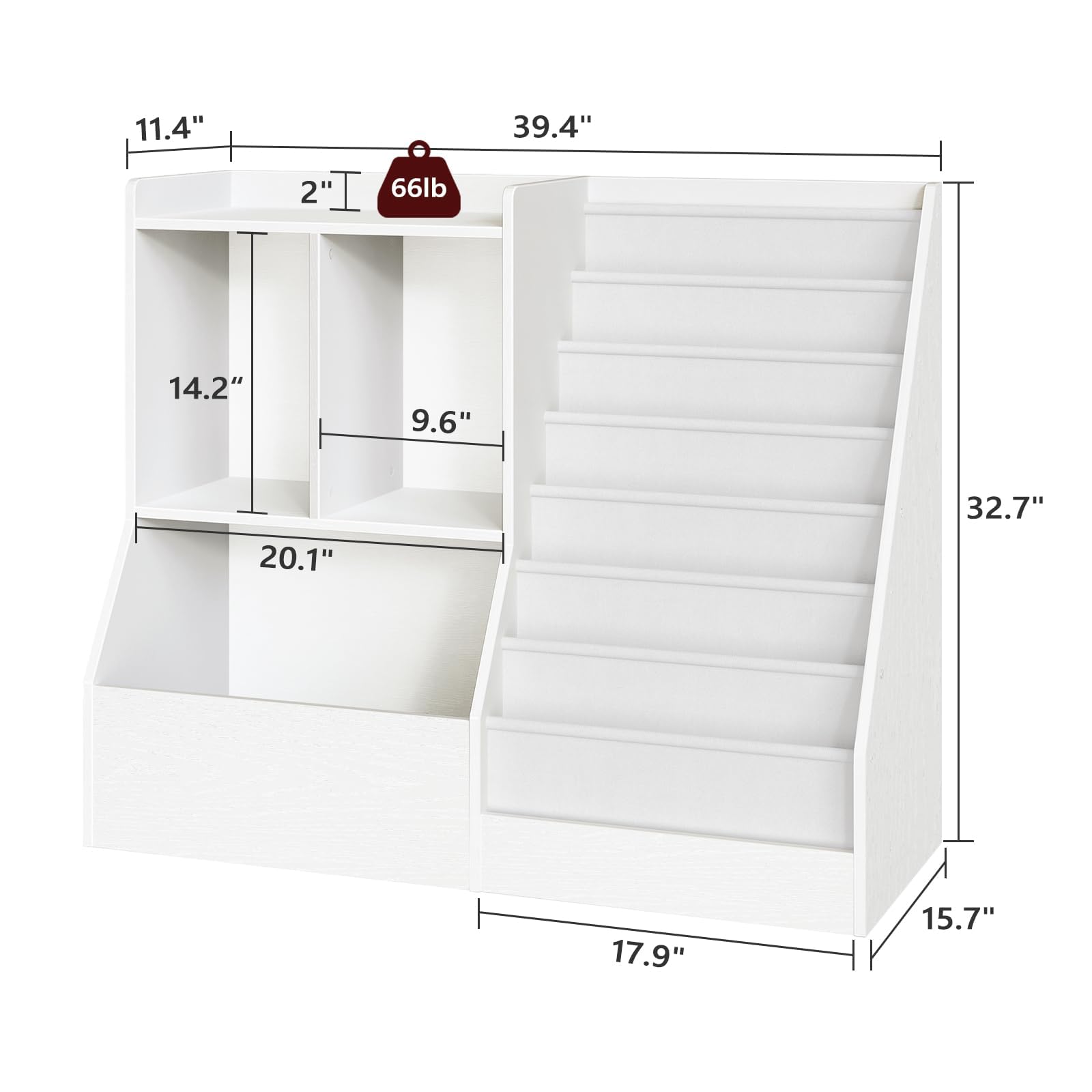 MAHANCRIS 39.4" Kids Bookshelf and Toy Storage, 7 Layer Kids Book Sling Shelf, Toddler Bookshelf, Kids Bookcase, Toy Organizer Cabinet, Large, for Playroom, Bedroom, Nursery, White BKWT7301