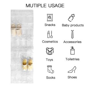 TidyMaster 1 Pack 24 Clear Crystal Pockets Large Hanging Shoe Organizer Over The Door Shoe Rack for Closet Door Storage Shoe Holder Hanger, 3 Hooks, White (64'' x 18.5'')