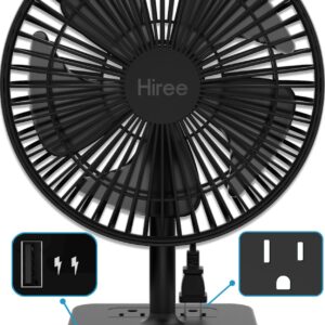 Hiree Desk Fan with USB Charging Port, 2 Speeds 6.7 Inch Small Desktop Table Fan with USB Charger, AC Outlets, Strong Wind, Quiet Operation - Personal Fan for Bedroom, Home, Office and Dorm Room