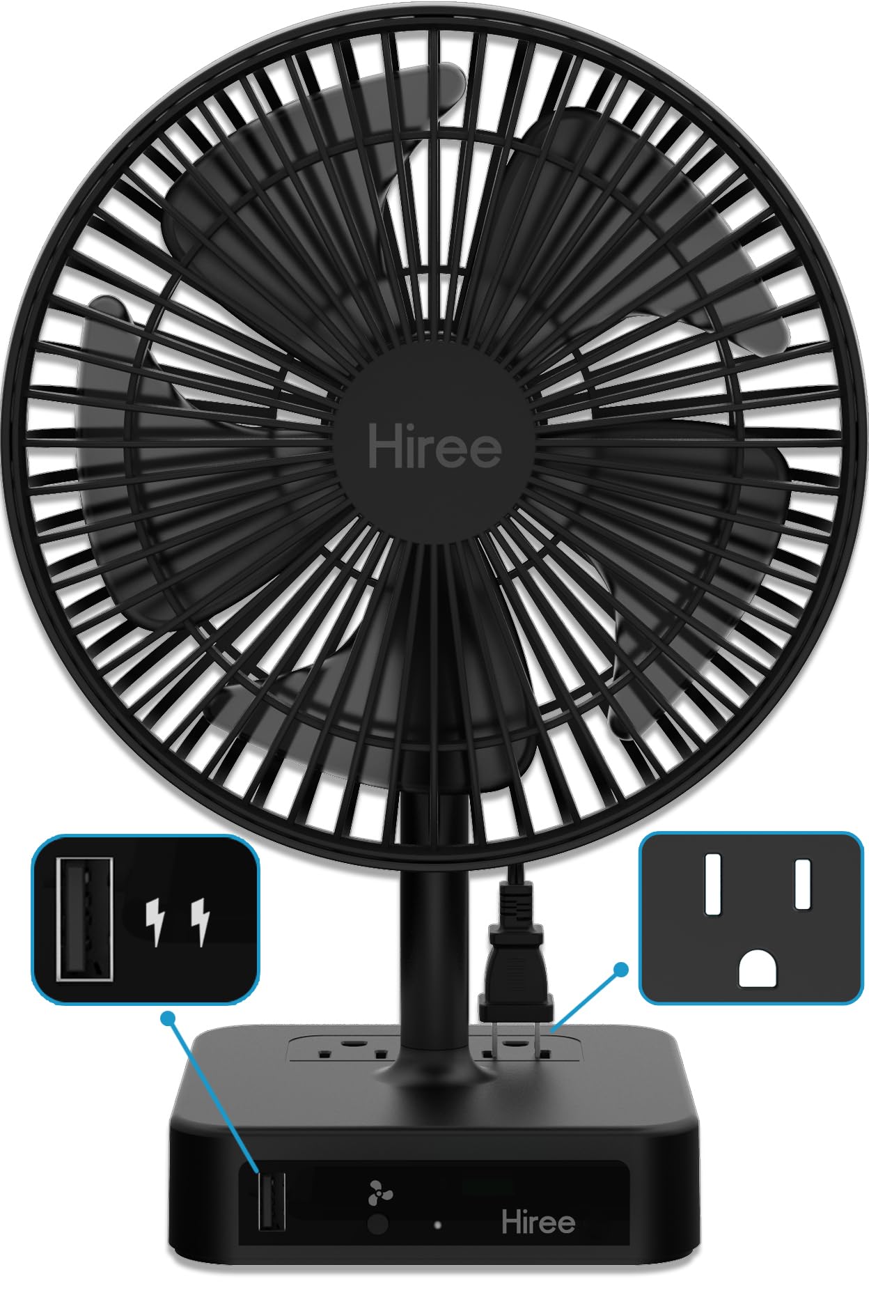 Hiree Desk Fan with USB Charging Port, 2 Speeds 6.7 Inch Small Desktop Table Fan with USB Charger, AC Outlets, Strong Wind, Quiet Operation - Personal Fan for Bedroom, Home, Office and Dorm Room