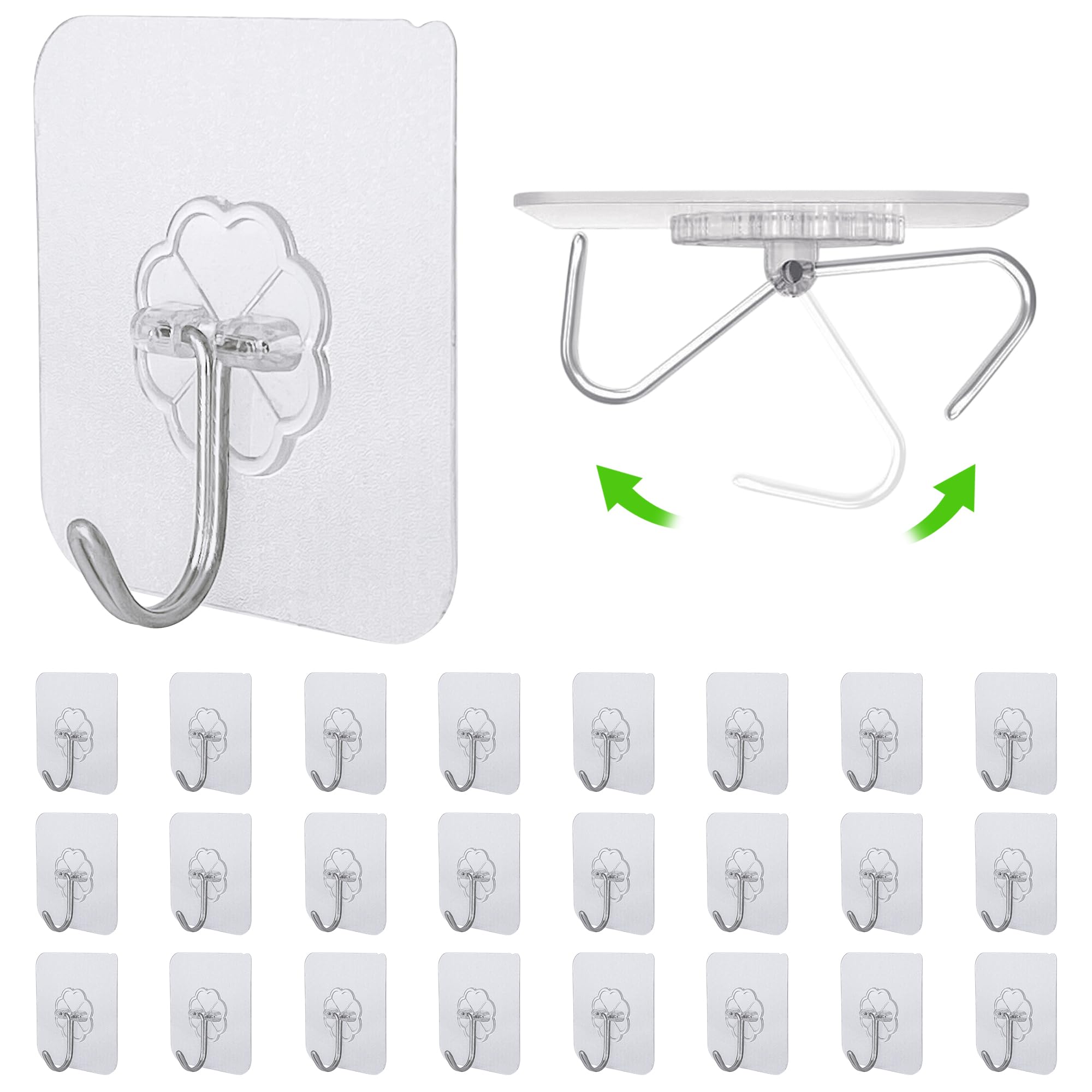 AMAZOPEN Self Adhesive Hooks - 24 Packs of Transparent Wall Door Hooks Stick On/Extra Strong Sticky Hooks for Hanging Coat, Cloth, Towel, Key and More