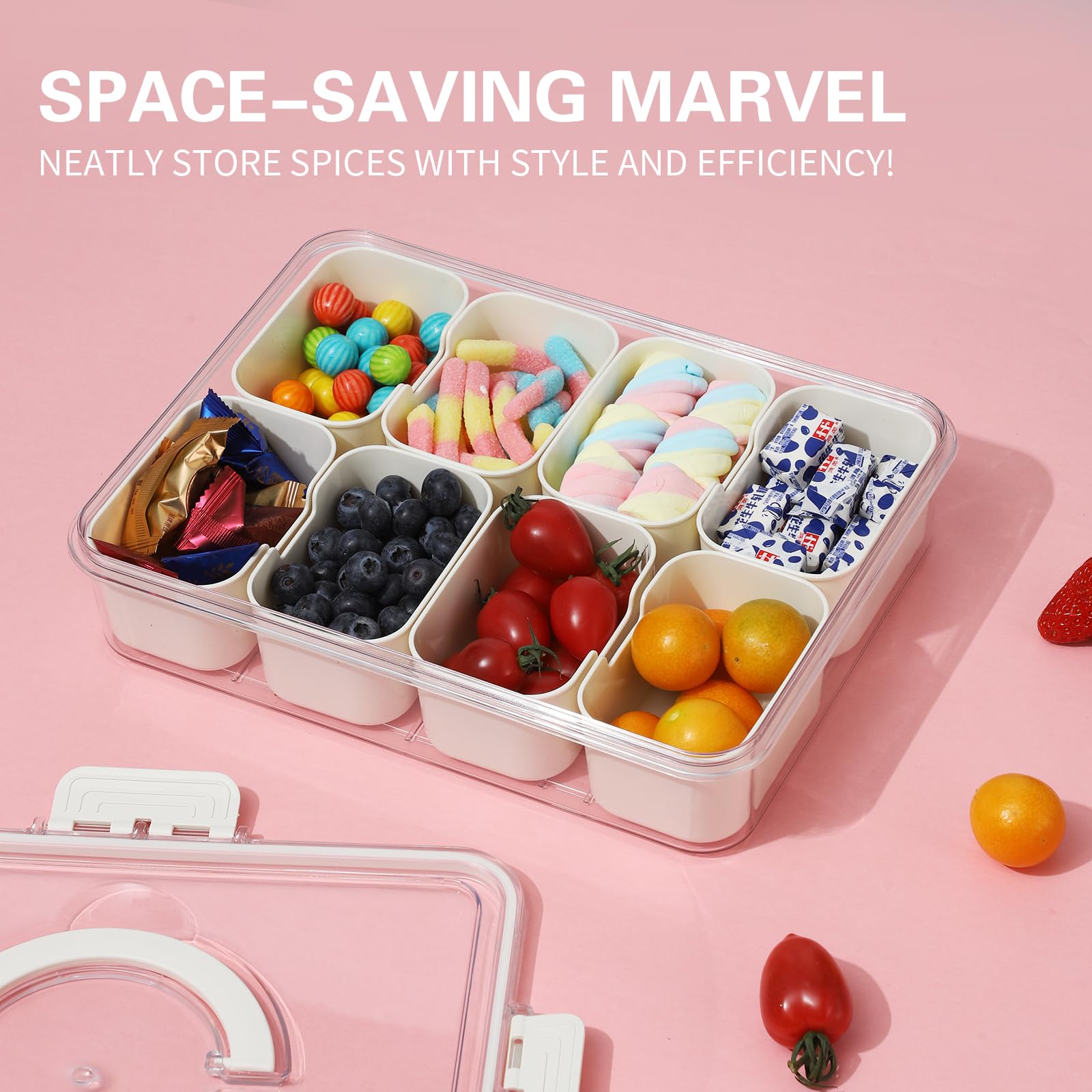 Divided Serving Tray with Lid and Handle - Snackle Box Charcuterie Container for Portable Snack Platters - Clear Organizer for Candy, Fruits, Nuts, Snacks - Perfect for Party, Entertaining