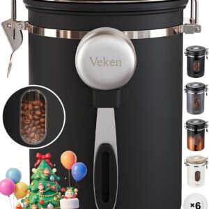 Veken Coffee Canister with Window, Airtight Stainless Steel Kitchen Food Storage Container, Date Tracker and Scoop for Grounds Coffee Bar Accessories, Beans, Tea, Flour, Cereal, Sugar, 22OZ, Black