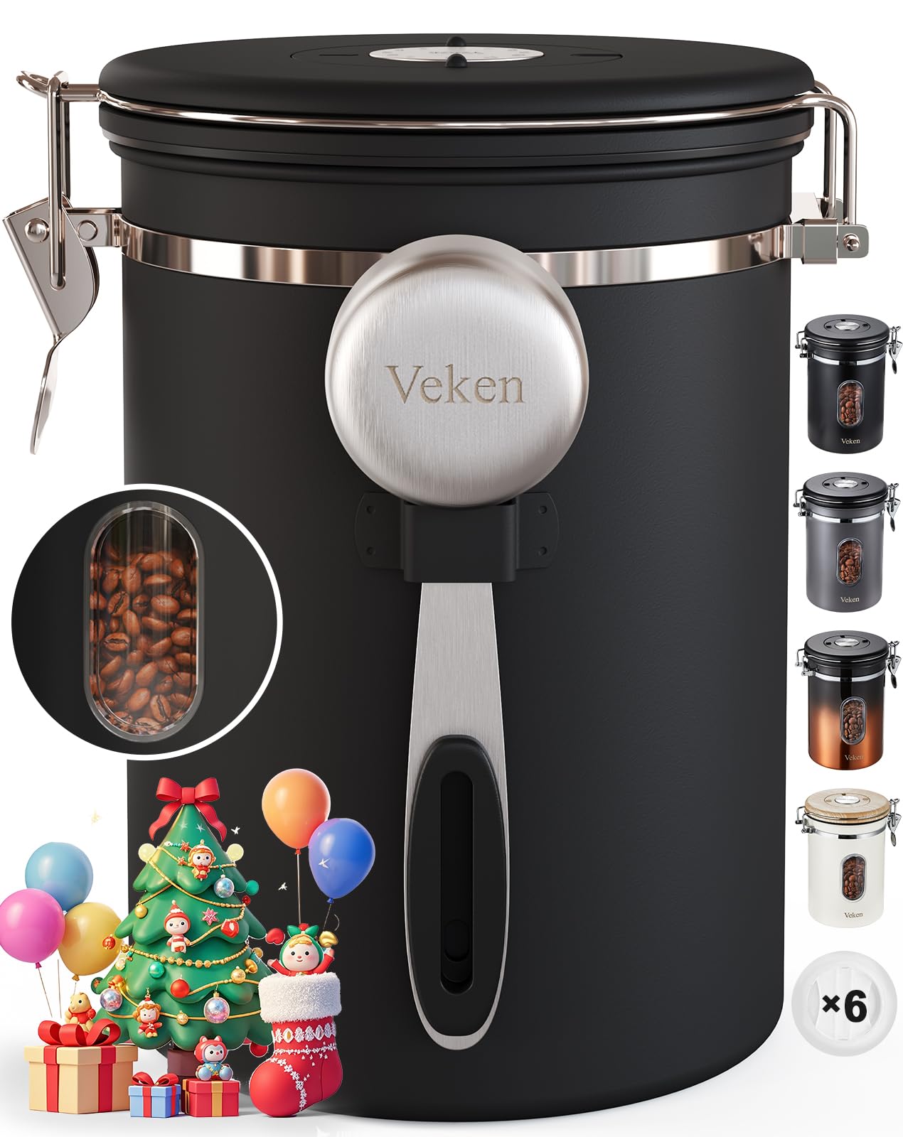 Veken Coffee Canister with Window, Airtight Stainless Steel Kitchen Food Storage Container, Date Tracker and Scoop for Grounds Coffee Bar Accessories, Beans, Tea, Flour, Cereal, Sugar, 22OZ, Black