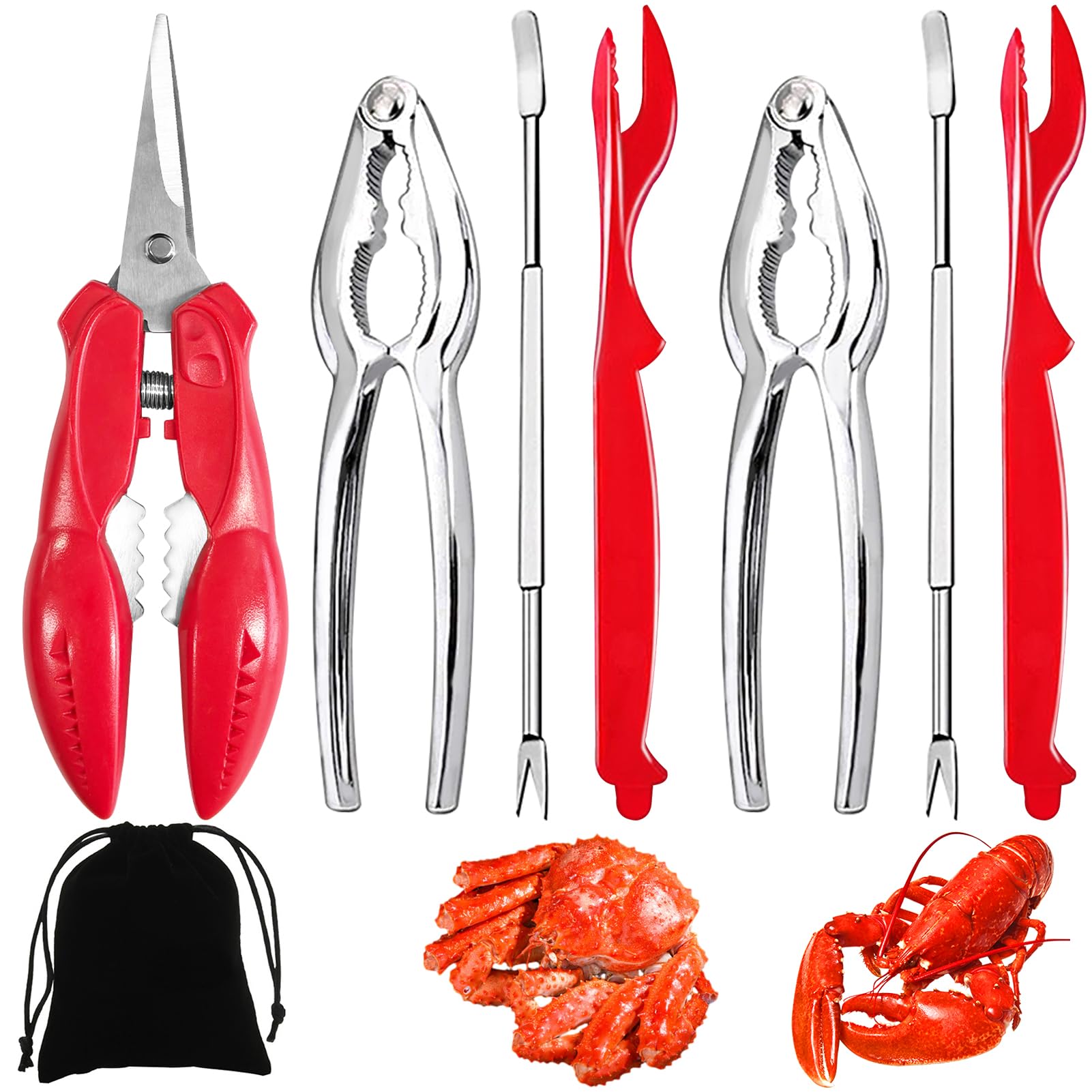 Artcom 8 Piece Seafood Tools Set - 2 Crab Crackers, 2 Lobster Shellers, 2 Crab Forks, 1 Seafood Scissors and 1 Storage Bag