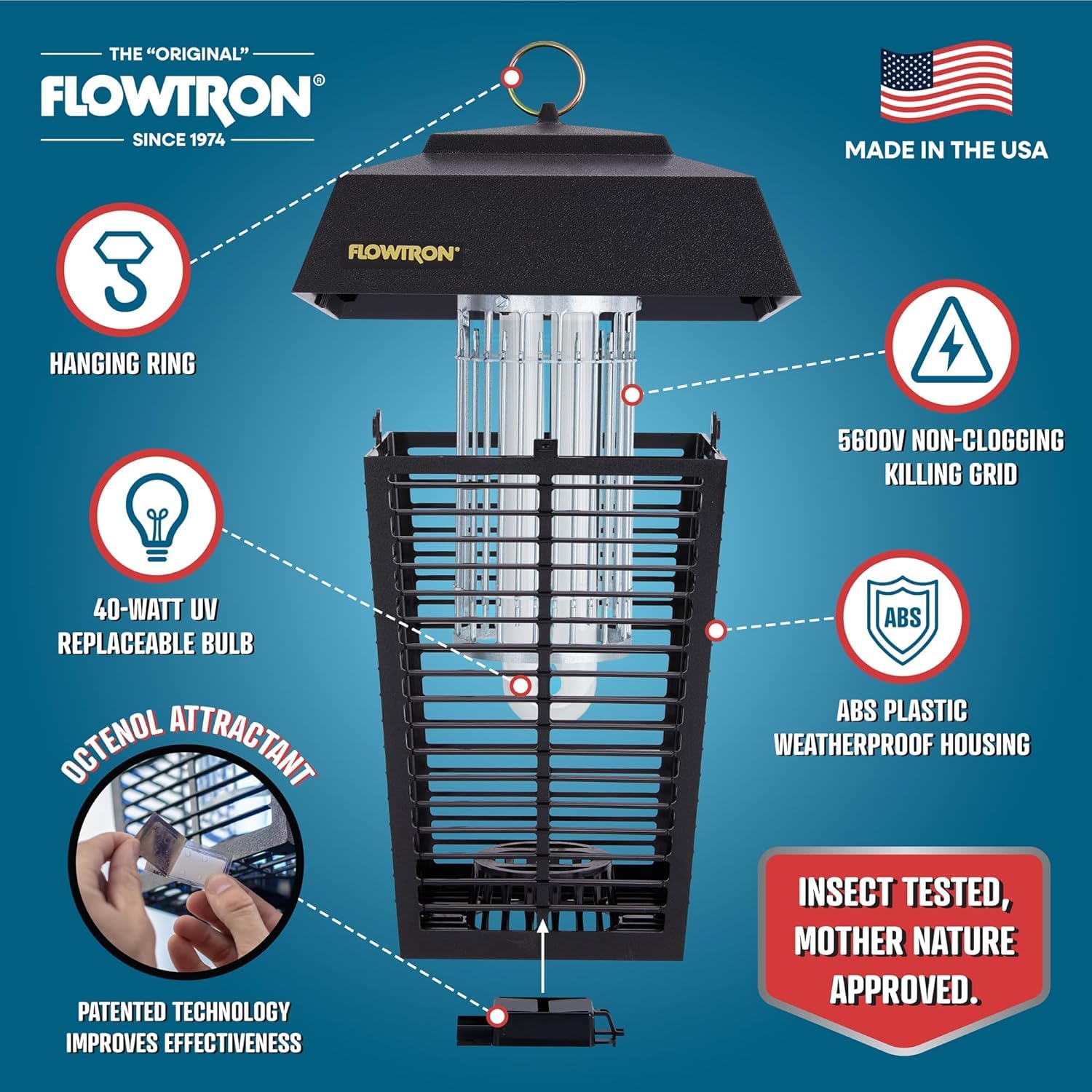 Flowtron Bug Zapper, 1 Acre of Outdoor Coverage with Powerful 40W Bulb & 5600V Instant Killing Grid with Mounting Bracket & Mosquito Attractant Cartridge