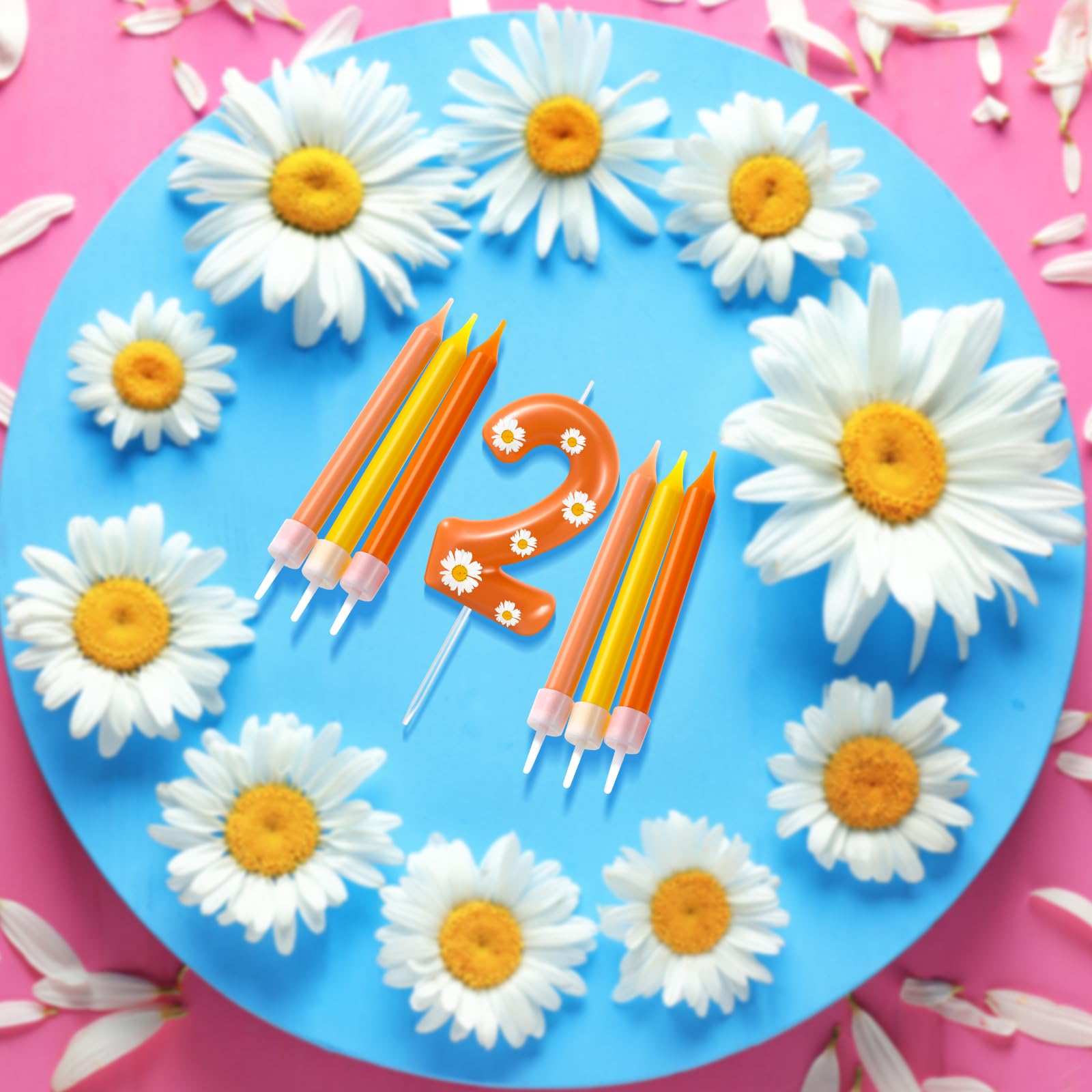 Flutesan 13 Pcs Birthday Candles Included 1 Pcs 2.4 x 1.3 Inches Daisy Flower Candle Birthday Candle and 12 Pcs Birthday Candles in Holders for Birthday Celebrations Party Decoration(Number 2)