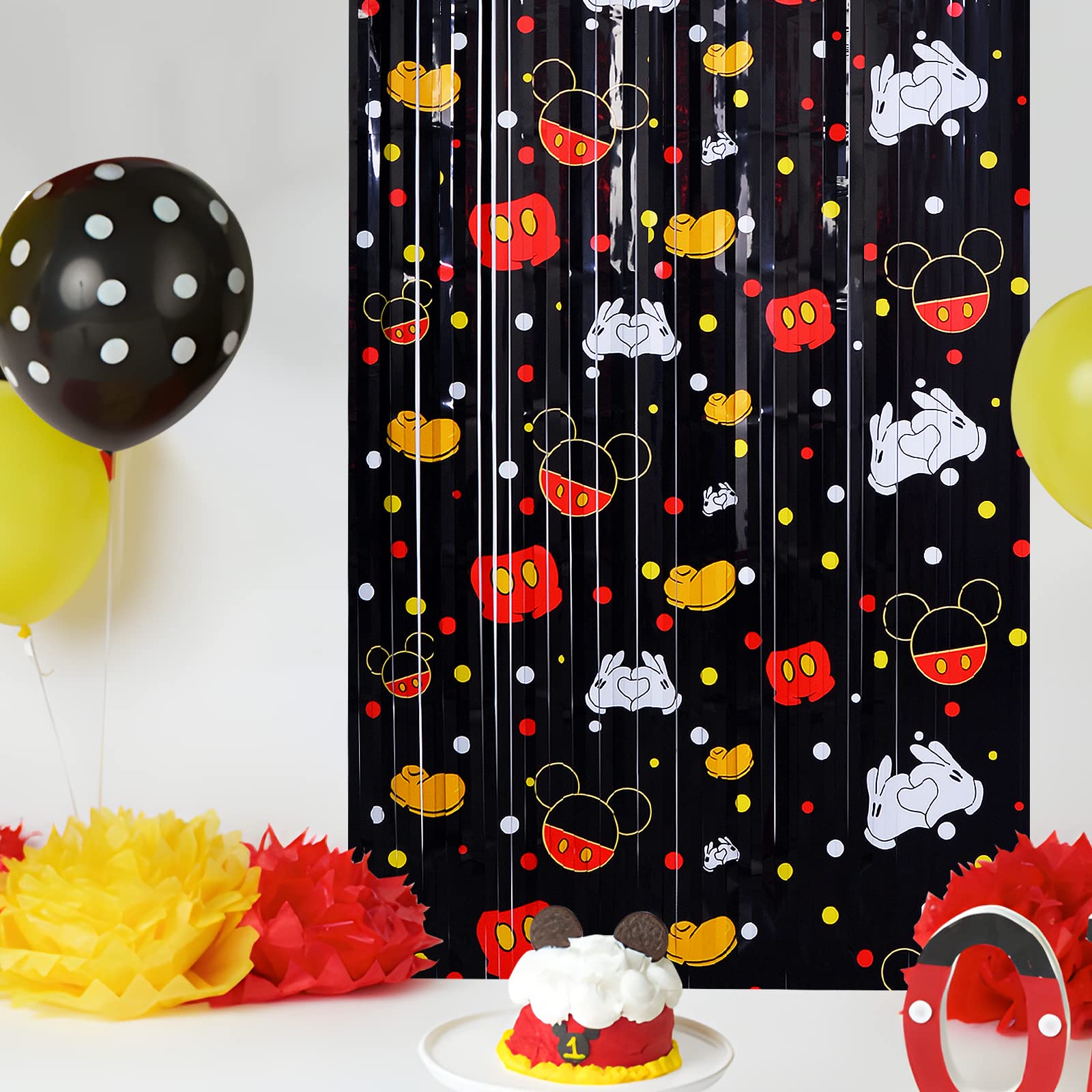 Bupelo Mickey Birthday Party Supplies, 2 Pack Mickey Theme Tinsel Foil Fringe Curtains,Cartoon Mouse Patterns Photo Booth Prop Backdrop Streamer, Mickey Birthday Party Decorations, Room Decor for Kids