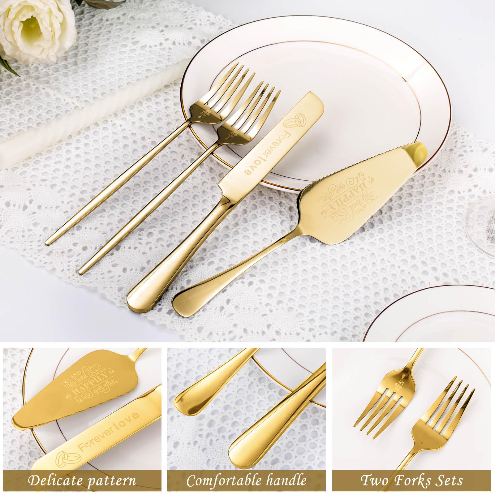 Personalized Cake Cutting Set for Wedding,4 Piece Wedding Cake Knife and Server set, Mr and Mrs Cake Cutter and Forks for Wedding, Birthday, Anniversary, Graduation Gift (gold)