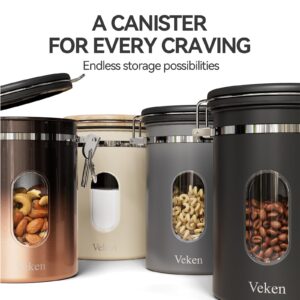 Veken Coffee Canister with Window, Airtight Stainless Steel Kitchen Food Storage Container, Date Tracker and Scoop for Grounds Coffee Bar Accessories, Beans, Tea, Flour, Cereal, Sugar, 22OZ, Black