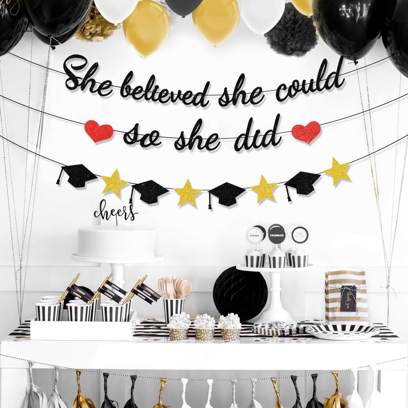 Unibday Graduation Decorations Class of 2024, She Believed She Could So She Did, Black Glitter Graduation Party Decorations 2024,Congrats Grad Bannerfor Congratulation Graduation Party